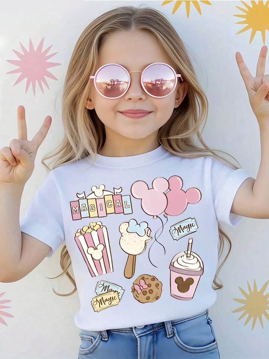 [Authorized] Disney Print Girls' Round Neck Summer T-Shirt - Soft Stretch Fabric, Ideal Birthday Gift & Daily Wear For Sports/Travel - trắng - Xem 1