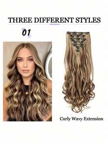 7件套16夹合成24英寸长卷发假发，耐热发夹，渐变黑棕金色女士假发 - 彩色 - 查看 7