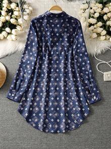 女士通体碎花长袖阿拉伯风格上衣，前开襟纽扣 - 彩色 - 查看 2