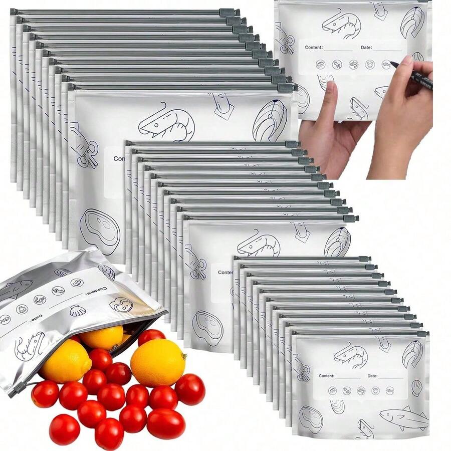 Reusable Aluminum Foil Sealable Storage Bags, 2026 New Resealable Vacuum Zipper Pouches For Food, Stand Up Foil Sealable Bags With Label And Zip Lock For Vegetable Fruit Meat (30Pcs, S+M+L) - Grey - View 1