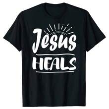 Camiseta de Jesús sana para cristianos, religión, verano, para hombre, estilo vintage, de algodón, manga corta, talla grande - Negro - Ver 1