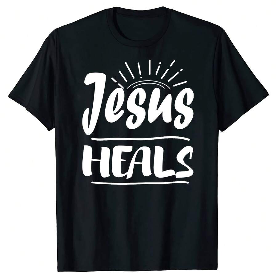 Camiseta de Jesús sana para cristianos, religión, verano, para hombre, estilo vintage, de algodón, manga corta, talla grande - Negro - Ver 1