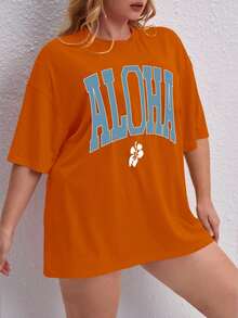 Oversized Printed Aloha Flower T-Shirt, Summer/Spring Short Sleeve Blouse, Lightweight Gym Wear - Orange - View 1