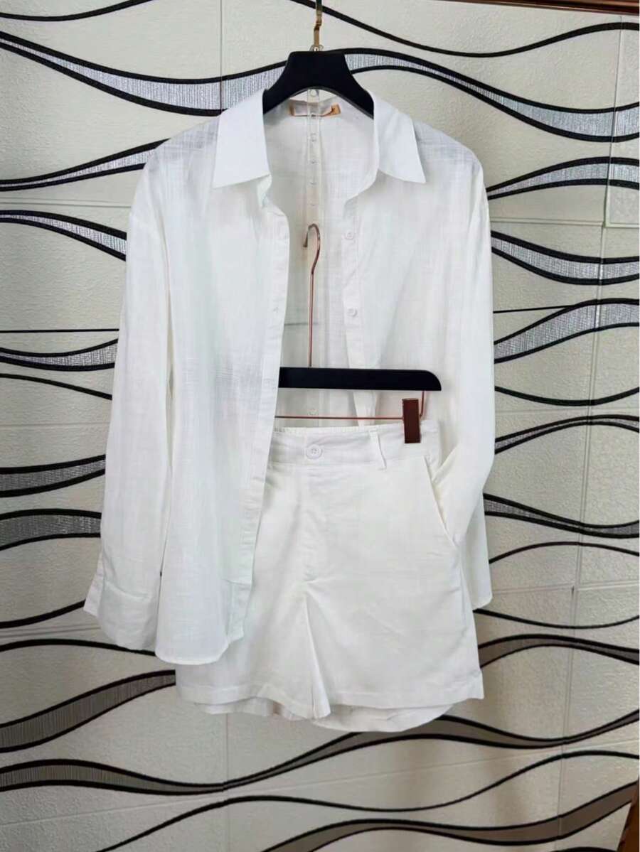 Linen Shirt And Shorts Set (2 Pieces) - White - View 1