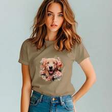 Camiseta Blusa Feminina Cachorro Pet Golden Com Flores Estilosa 100% Algodão  Promoção - Bege - Visão 1