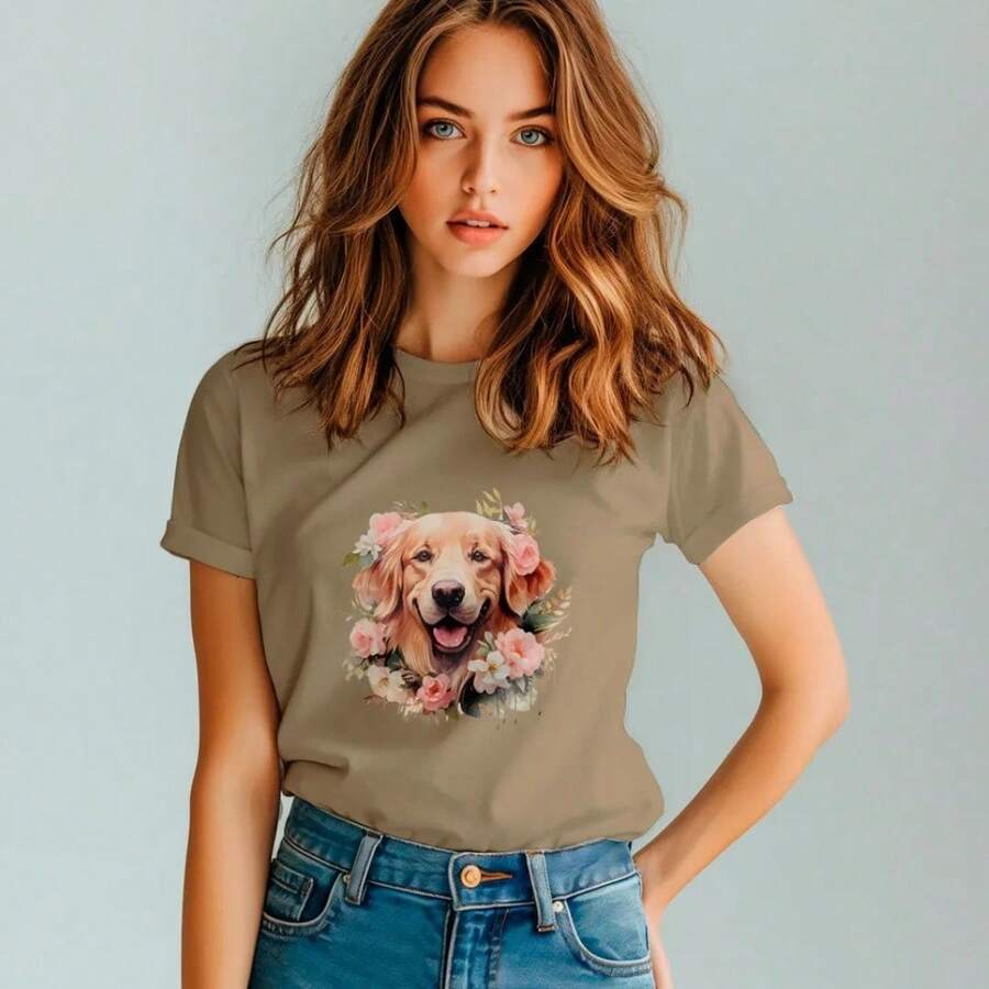 Camiseta Blusa Feminina Cachorro Pet Golden Com Flores Estilosa 100% Algodão  Promoção - Bege - Visão 1