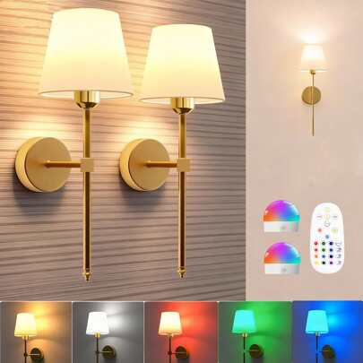 무선 배터리 전원 벽 램프, 탈착식 전구 및 리모컨이 있는 골드 충전식 디밍 가능 벽 조명, 침실, 거실, 복도용 15가지 색상 무선 벽 램프