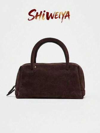 Women's Suede Bowling Bag, Boston Tote Bag, Top Handle Shoulder Bag, Travel College Work Handbag