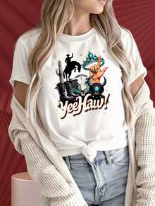 Camiseta de mujer de manga corta y cuello redondo con interesantes estampados. Camiseta Western Cowgirl Yeehaw con diseño de cactus, caballo, calavera y botas para mujer, top casual de moda, adecuada para fiestas de Navidad, actividades deportivas, fiestas de vacaciones, salidas, deportes y otros regalos navideños (220g). - Negro - Ver 3