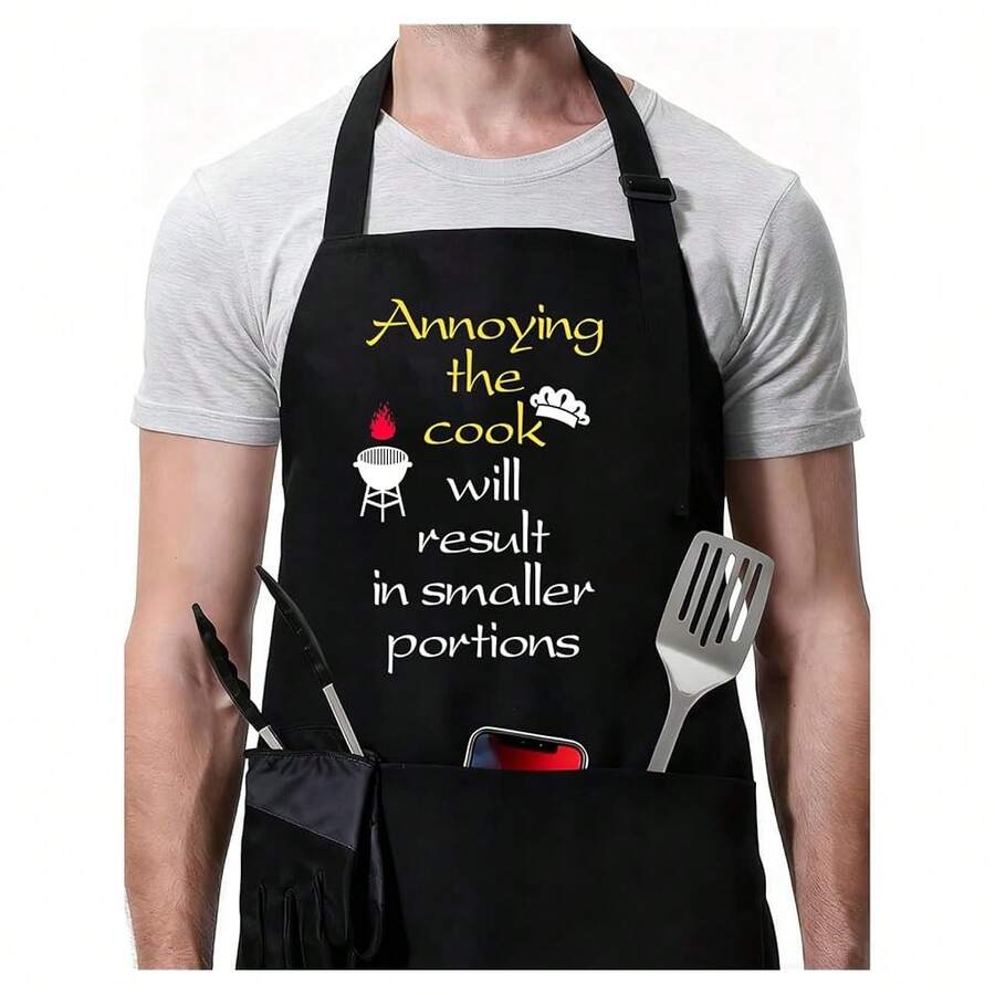 ZOORON Funny Black Chef Aprons For Men Adjustable BBQ Grill Kitchen CooFKing Aprons With Pockets, Grill Accessories,AnnoyingtheCookWillResultinSmallerPortions - 惹惱廚師會導致份量減少 - 查看 1