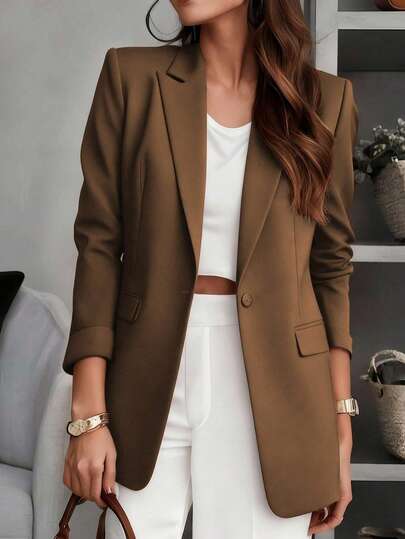 Women's Solid Color Notched Collar Blazer Jacket, Button Front Pocket Design, Long Sleeve, Suitable For Office, Home, Business Casual Wear In Autumn, Winter And Spring