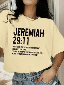 大码英文短语文字图案T恤，休闲舒适日常上衣 - 杏色 - 查看 5