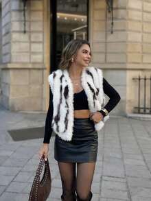 Colete Feminino De Luxo Branca Com Estampa Animal, Elegante, Felpudo E Macio, Ideal Para Festas De Carnaval, Saídas Noturnas, Streetwear Chique, Estilo Mafioso, Moda Antiga E Elegante. - Branco - Ver 2
