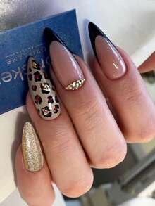 法式豹纹亚克力美甲 24片装 金色镀铬全息中号杏仁形按压式美甲贴片 Y2K裸色假指甲 3D套装，饰有金色闪粉和钻石珠宝点缀，适合美甲沙龙、女孩和女士日常佩戴、节日派对和作为礼物。 - 彩色 - 查看 1