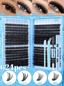 640pcs/Set DIY Eyelash Extension Kit, Eyelash Cluster Set, Curl Degree 10D-100D, Includes Eyelash Glue, Tweezers And Eyelash Brush. Suitable For Home Use. Comes With Eyelash Cluster Manual (4 Mixed Styles). Essential For Christmas Travel. - Blue - View 13