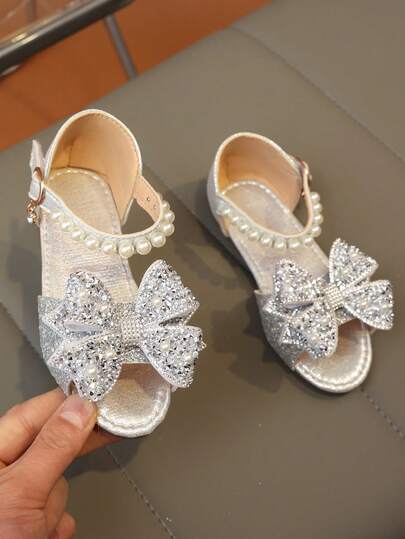 A Pair Of Girls' Cute Flat Shoes With Colorful Crystal Faux Pearls, Bow Ties, And Gretel Material, Suitable For Summer.,Kids Shoes,Girls Shoes