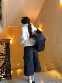 女士短款仿毛领抓绒外套，保暖翻领冬季大衣 - 白色 - 查看 4