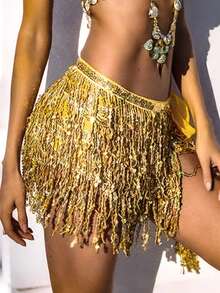 1 pièce Jupe de danse à franges pailletées pour femmes, Écharpe de hanche à franges pour danse du ventre, Jupe à franges pailletées brillantes pour femmes, Costume de scène - Multicolore - Voir 3