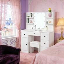Large Dressing Table W/ 10 LED Lighted Mirror Lady Vanity Makeup Desk Stool Set - 白色 - 查看 8