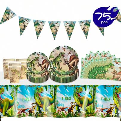 Jurassic Dinosaur Disposable Plate, Napkin, Cup, Tablecloth And Banner Set, Party Supplies Set For 16 Guests, Suitable For Birthday, Wedding, Theme Party, Family Picnic