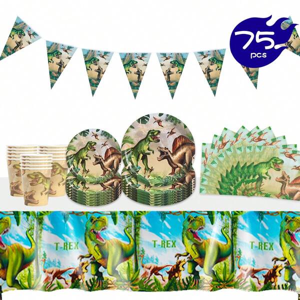 75/25/16/1 pieza Juego de platos, servilletas, vasos, mantel y banderines desechables de dinosaurios jurásicos, juego de suministros para fiestas para 16 invitados, platos de papel desechables vajilla de fiesta adecuada para cumpleaños, bodas, fiestas temáticas, picnic familiar