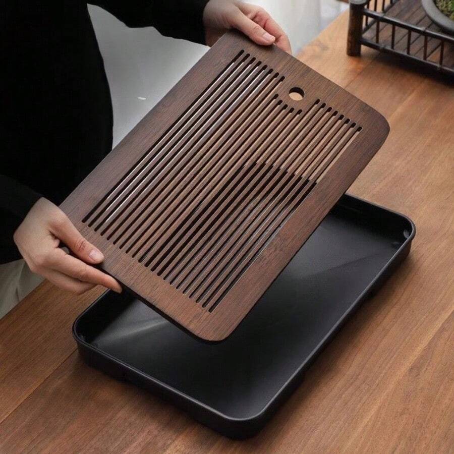 一套带沥水托盘的木制茶具，家用及户外功夫茶托盘，便携式茶托盘，咖啡托盘，食物托盘