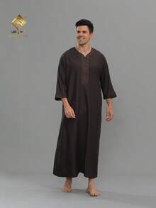 AL HARAMAIN Jubah Sholat Pria AL HARAMAI yang Sederhana dan Modis, Jubah Panjang Pria yang Elegan - Jubah Sholat Lengan Tiga Perempat yang Lembut, Dapat Dicuci dengan Mesin, Cocok untuk Dipakai Sepanjang Tahun, Cocok untuk Ramadan dan Acara Formal | Desain Leher Bulat | Kain Halus | - Coklat - View 4