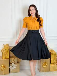 SAIA MIDI GODÊ COM CINTO MODA FEMININA EVANGÉLICA - Preto - Visão 3