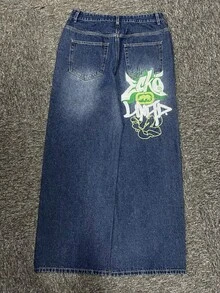 Grunge Goth Y2K 风格男士休闲刺绣宽松阔腿牛仔裤，四季皆宜，时尚街头风，适合工作、通勤、舞台表演、休闲聚会、户外活动等场合穿着。 - 深色水洗藍 - 查看 3