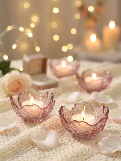1/3/6/12pcs Glass Cherry Blossom Candle Holders, Decorative Art Candle Holders, Transparent Desktop Candle Holders, Suitable For Holiday Decoration In Living Rooms, Dining Rooms, Wedding Desktop Decoration, Candle Holders, Spring And Summer Home Decorations, No Need For Electricity Or Batteries
