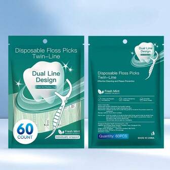 1-pack med 60 st. tandtråd med mintsmak, dubbla trådar, individuellt förpackade, hög draghållfasthet, bärbar tandpetare och interdentalrengöringsset för hemmabruk och på resor