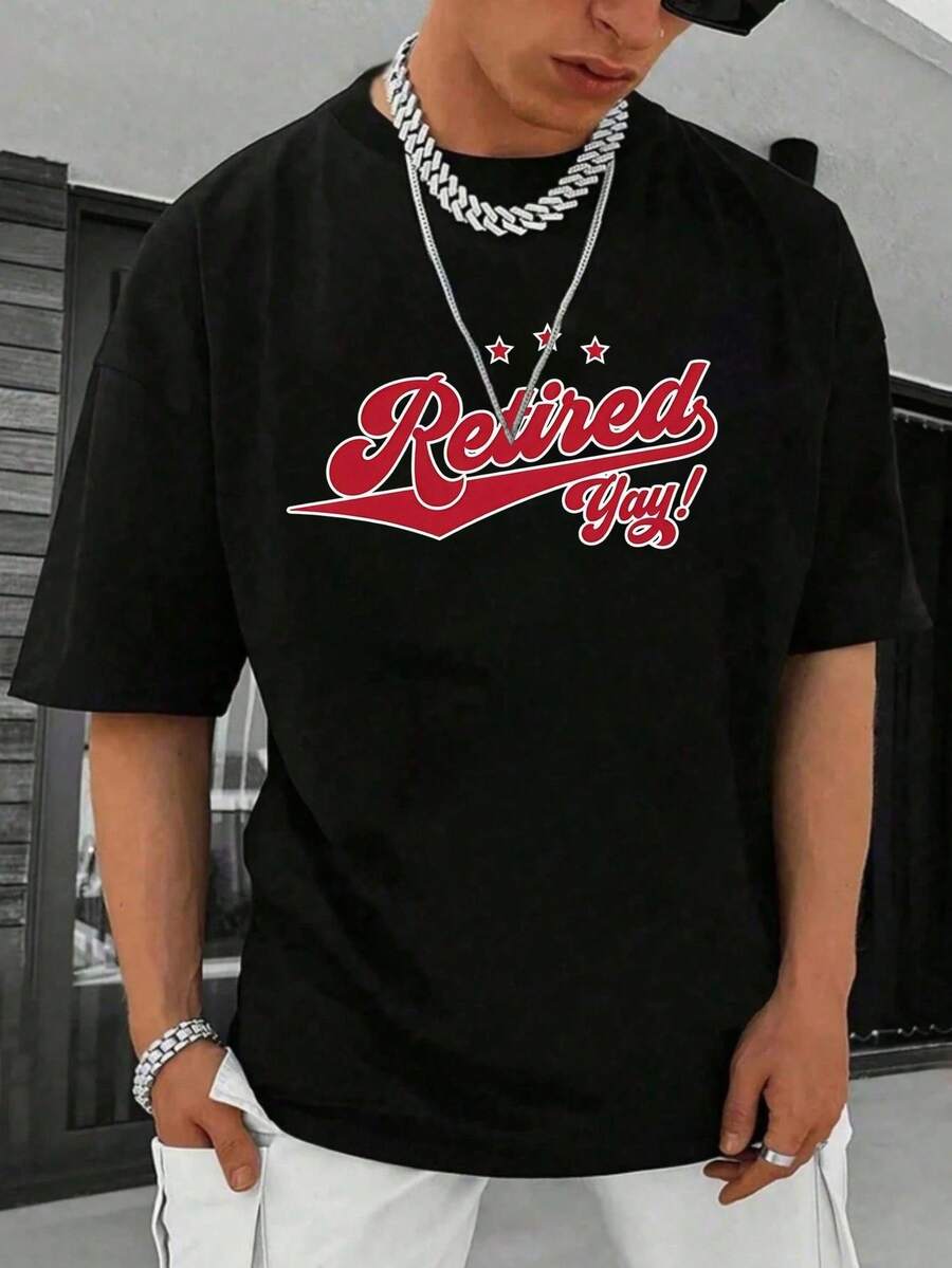 Manfinity Dauomo Hombre Verano letra impresa cuello redondo manga corta camiseta casual - Negro - Ver 1