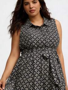 Vestido maxi de mujer de moda con estampado, vestido maxi sin mangas con cuello de solapa para verano, vestido midi fluido de talla grande para vacaciones y días festivos de verano - Negro - Ver 3