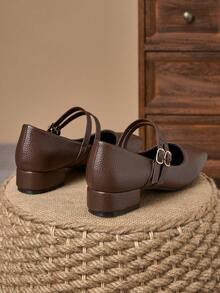 MonaNise 女士3厘米布面包跟黑色时尚百搭藏蓝色、咖啡色、酒红色低跟粗跟优雅玛丽珍鞋 - 棕色 - 查看 6