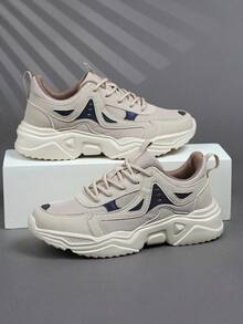 男士休闲运动鞋，系带软底平底舒适运动鞋，轻便低帮日常鞋 - 卡其色 - 查看 5