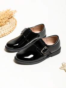 Sepatu Kulit Imitasi Anak Laki-Laki yang Muda dan Bersemangat, Kulit Imitasi Timbul dengan Pola Batu dan Finishing Mengkilap, Penutup Velcro dengan Dekorasi Gesper Modis, Cocok untuk Bermain Sehari-hari dan Sekolah - Hitam - View 2