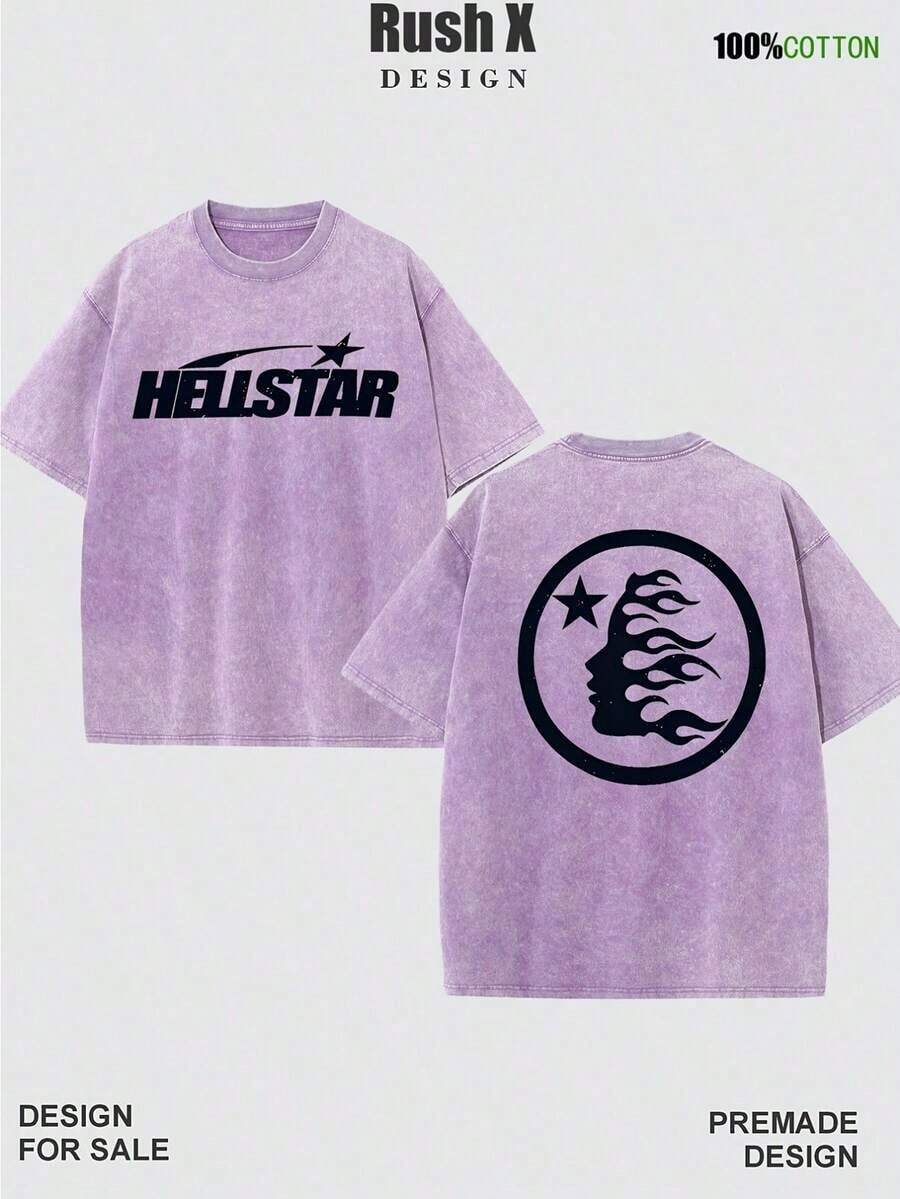 1pc Men's Pattern Washed T-Shirt - Double Sided Printing, 100% Cotton, Short Sleeved, Summer Casual T-Shirt, Black With White Star Design, Loose Fit, Machine Washable, Daily T-Shirt |   Loose Fit Shirt |   100% Cotton T-Shirt, Cotton T-Shirt Shirts  Mens Clothes - 紫色 - 查看 1