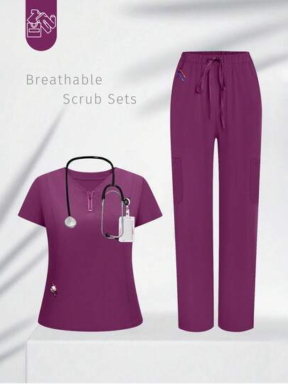 cimmuovere Women V-Neck Short Sleeve Loose Pants Scrubs Nurse Scrubs Workwear Dentist Healthcare Pet Hospital Laboratory Uniform Set