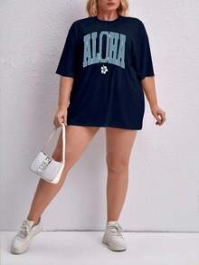 Oversized Printed Aloha Flower T-Shirt, Summer/Spring Short Sleeve Blouse, Lightweight Gym Wear - Navy Blue - View 4
