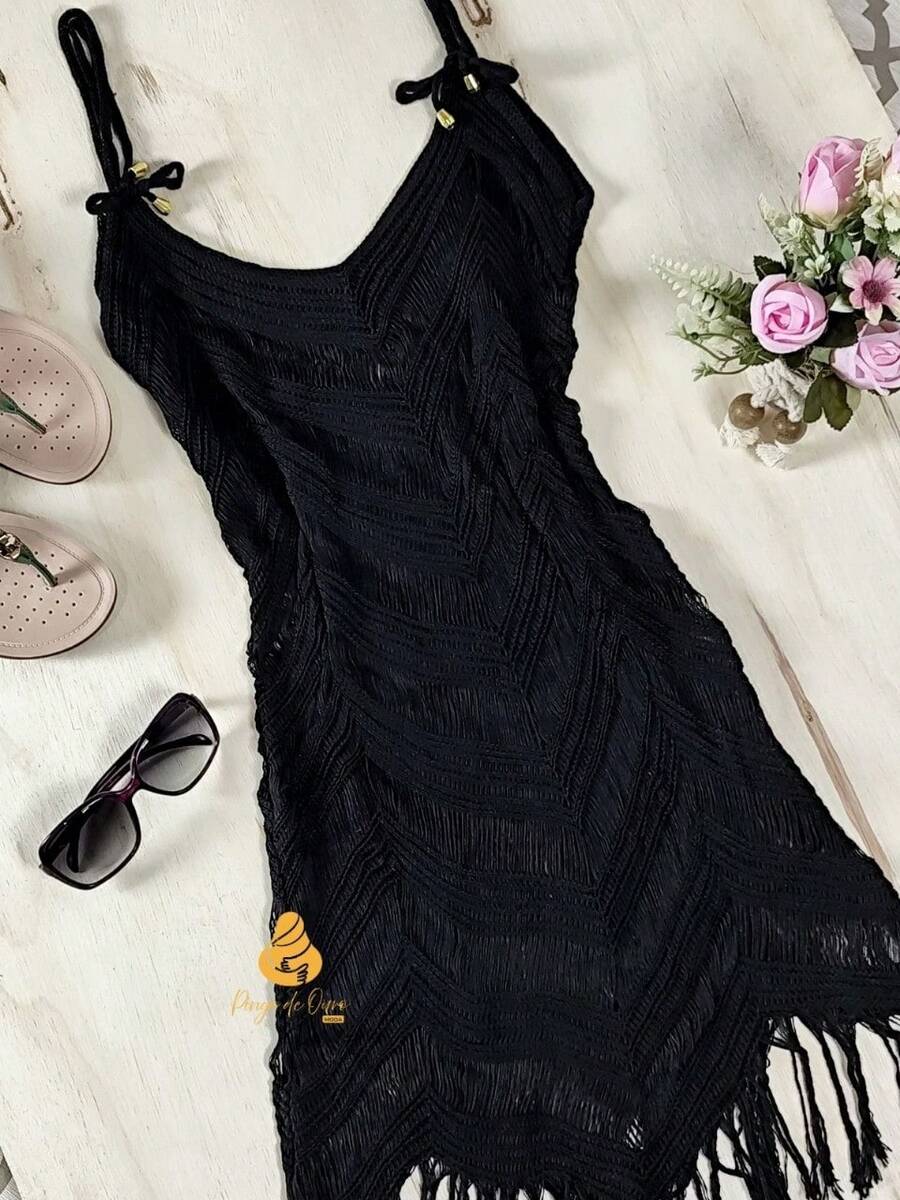 Beach Cover-Up With Fringe And Ocean Wave Pattern - 深灰色 - 查看 1