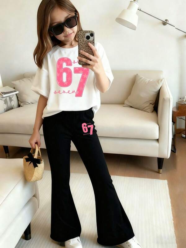 2pcs/Set Girl's Star Print Round Neck Short Sleeve T-Shirt + Star Print Flare Pants, Casual & Comfortable Summer New Outfit