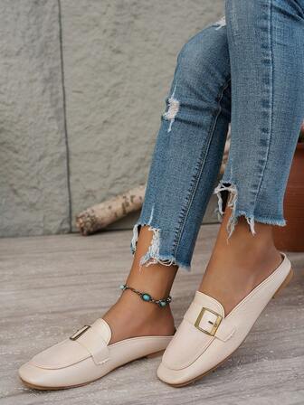 Square Toe Flat Shoes, Women's Low Vamp Backless Sandals, Minimalist Commuting Solid Color Office Shoes, Comfortable Soft Bottom Loafers, Elegant Workplace Slip-On Shoes, Black & Beige Business Women Shoes