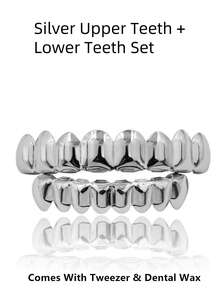 AINTTBY Bộ 1/2 chiếc răng giả mạ vàng 18K phong cách Hip Hop, 8 răng giả mạ vàng sáng bóng, trang phục dự tiệc Halloween unisex. - Bạc - Xem 6