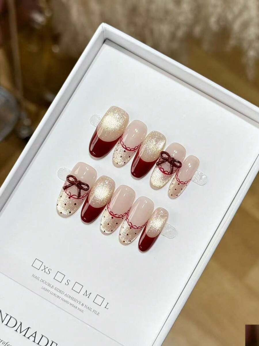 新年美甲 红色法式丝带波点设计美甲美甲用品