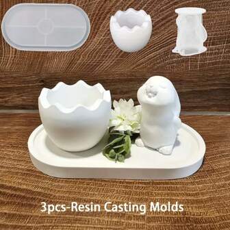 3件套复活节兔子和蛋壳椭圆形托盘模具套装，DIY树脂工艺模具，适用于家居装饰、蜡烛、蜡、石膏等。