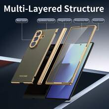 电镀材质仿皮全包覆保护手机壳，兼容三星 Galaxy Z Fold 7 6 5 4 Fold7 Fold6 Fold5 Fold4，带钢化玻璃屏幕保护膜。 - 棕灰色 - 查看 8