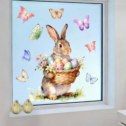 1pc Rabbit Holding Colorful Eggs Basket Window Cling Decal, Includes Flower & Butterfly Patterns, Removable Static Cling Glass Sticker, Suitable For Easter Bedroom Living Room Entryway Decoration