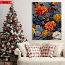 Enmarcado [2D Plano] 1 Pieza 2D Plano Patrón Floral y de Hojas en Naranja, Azul Marino, Amarillo y Gris| Decoraciones de regalo para el Día de Acción de Gracias y otras festividades, muy adecuadas para el hogar, habitación, sala de estar, dormitorio, decoración de baño, arte en lienzo con marco de madera, disponibles enúltiples tamaños, se pueden colgar directamente sin instalación. - Multicolor - Ver 4
