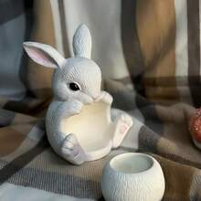 2件套DIY粘土模具复活节坐姿兔子杯环氧树脂硅胶模具复活节兔子圆形蜡烛杯石膏水泥模具小花盆烛台硅胶模具逼真兔子蜡烛模具，可重复使用，易脱模 - 白色 - 查看 3