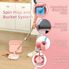 Spin Mop And Bucket Set With Self - Separating Dirty And Clean Water System Self - Wringing 360° Rotating Clean Mop - Head For Hardwood Tile And Marble Floors With 6 Pads - Pink - 粉色 - 查看 3